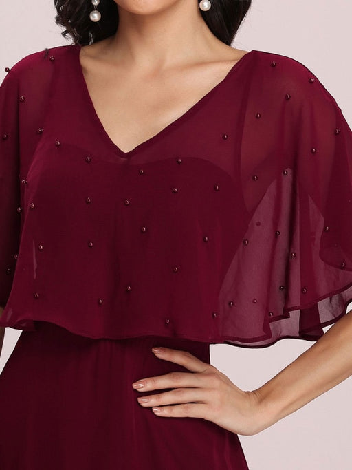 Burgundy Prom Dress A-Line V-Neck Chiffon Half Sleeves Beaded Long Party Dresses