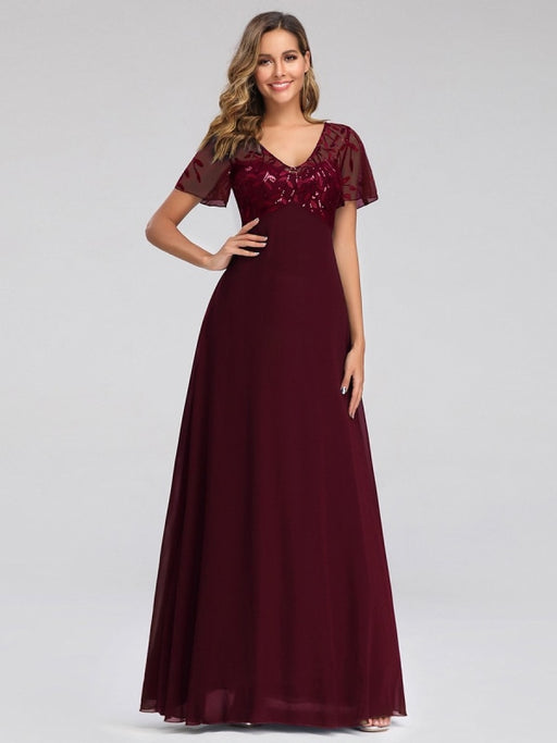 Burgundy Prom Dress A-Line V-Neck Short Sleeves Chiffon Lace Floor-Length Party Dresses