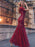 Burgundy Prom Dress Mermaid Jewel Neck Short Sleeves Lace Floor-Length Wedding Guest Dresses