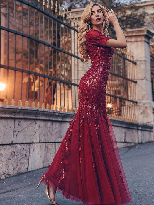 Burgundy Prom Dress Mermaid Jewel Neck Short Sleeves Lace Floor-Length Wedding Guest Dresses