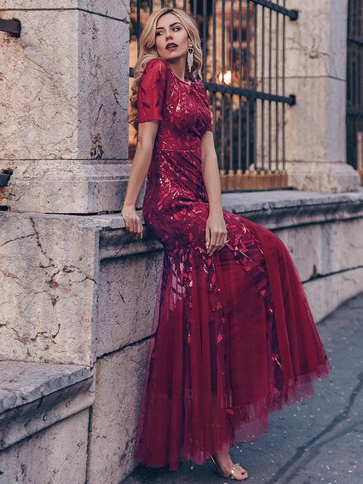 Burgundy Prom Dress Mermaid Jewel Neck Short Sleeves Lace Floor-Length Wedding Guest Dresses