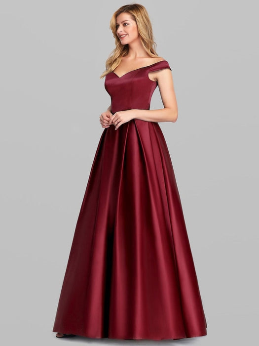 Burgundy Prom Dress Satin Fabric Off-The-Shoulder A-Line Sleeveless Maxi Pageant Dresses