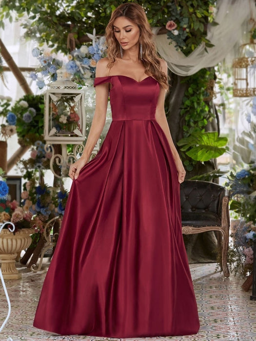 Burgundy Prom Dress Satin Fabric Off-The-Shoulder A-Line Sleeveless Maxi Pageant Dresses