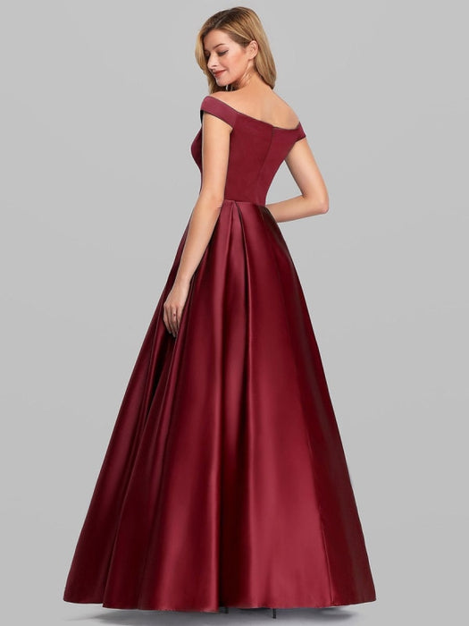 Burgundy Prom Dress Satin Fabric Off-The-Shoulder A-Line Sleeveless Maxi Pageant Dresses