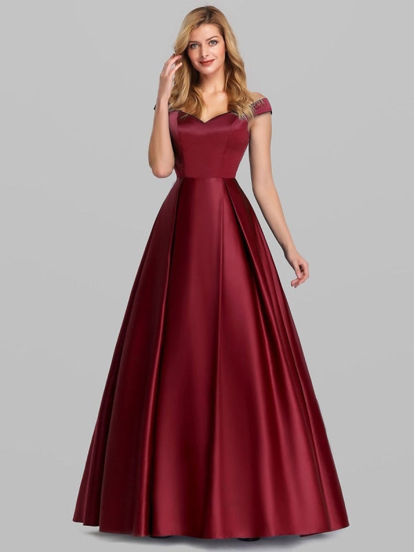 Burgundy Prom Dress Satin Fabric Off-The-Shoulder A-Line Sleeveless Maxi Pageant Dresses