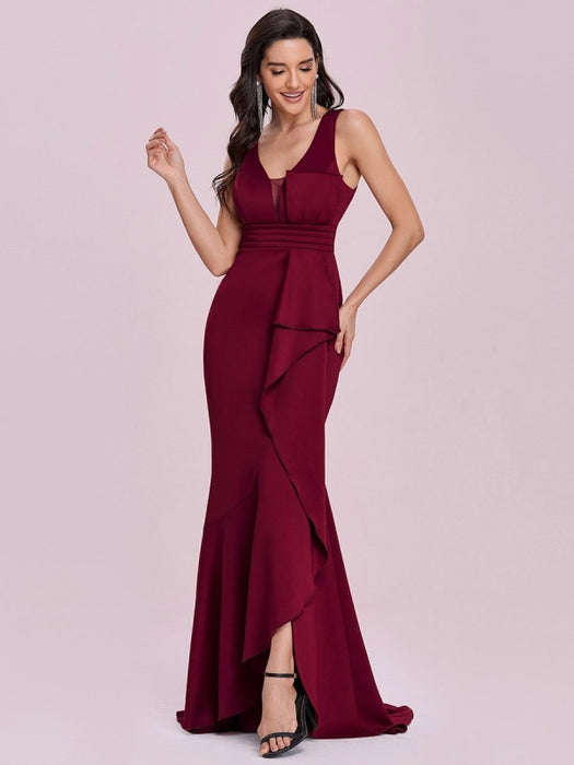 Burgundy Prom Dress Satin Fabric V-Neck Mermaid Sleeveless Pleated Long Pageant Dresses