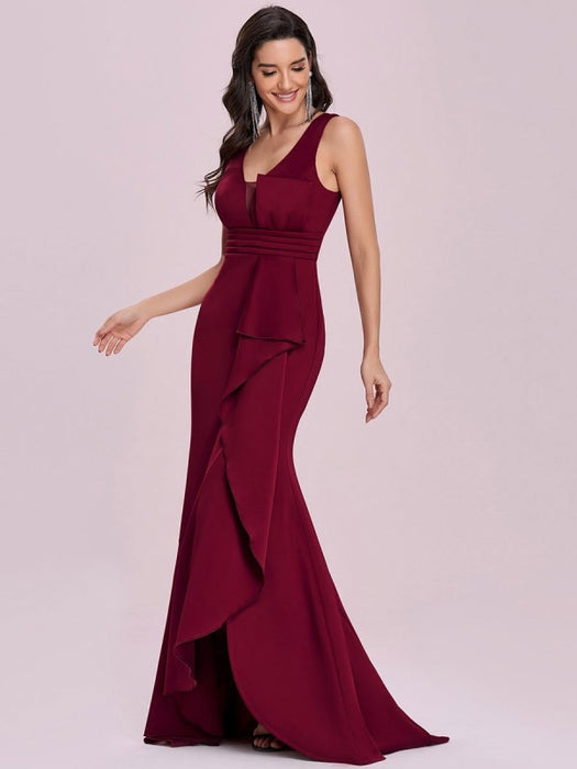 Burgundy Prom Dress Satin Fabric V-Neck Mermaid Sleeveless Pleated Long Pageant Dresses