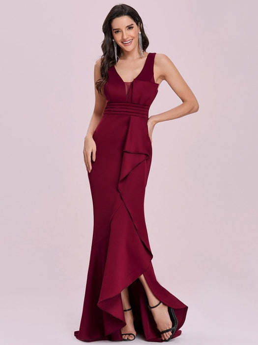 Burgundy Prom Dress Satin Fabric V-Neck Mermaid Sleeveless Pleated Long Pageant Dresses