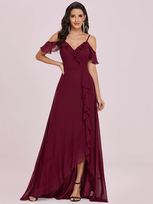 Burgundy Prom Dress V-Neck A-Line Sleeveless Backless Ruffles Split Front Chiffon Maxi Party Dresses