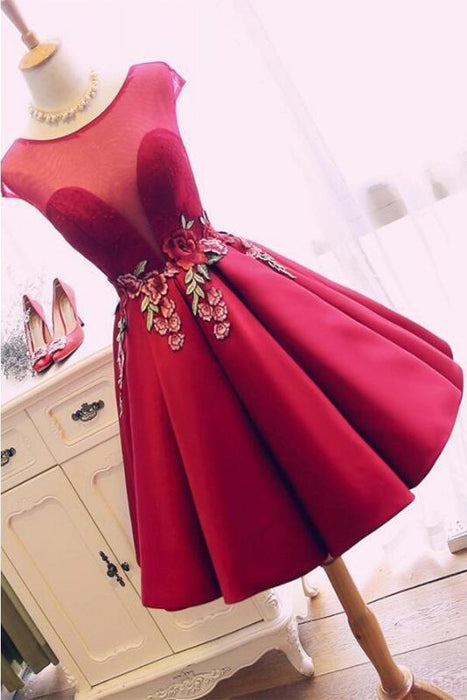 Burgundy Satin Ruched Homecoming A Line Short Prom Dress with Appliques - Prom Dresses