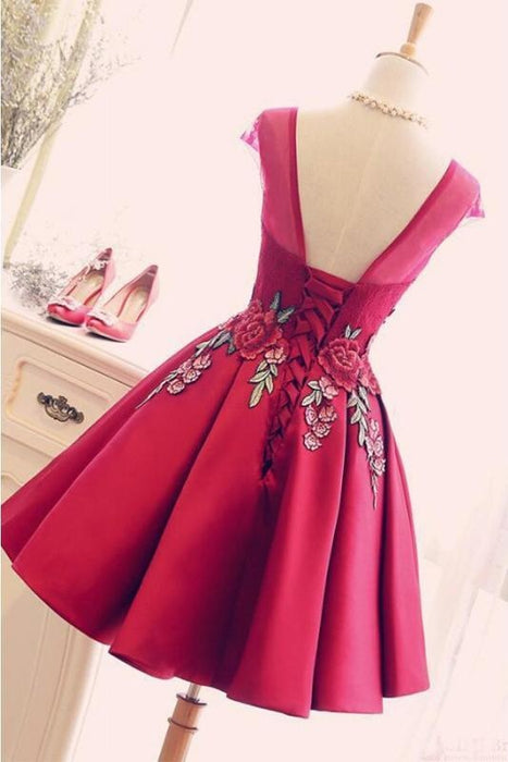 Burgundy Satin Ruched Homecoming A Line Short Prom Dress with Appliques - Prom Dresses