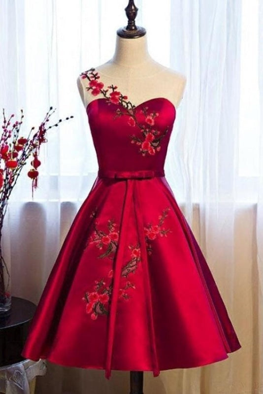 Burgundy Sheer Neck Knee Length Sleeveless Satin Homecoming Dress with Belt - Prom Dresses