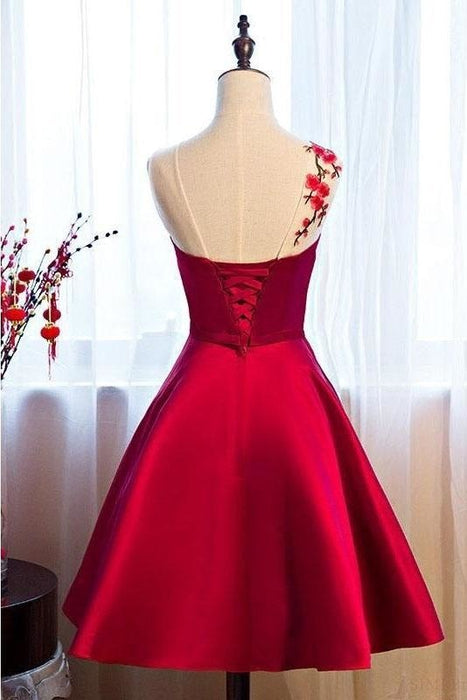 Burgundy Sheer Neck Knee Length Sleeveless Satin Homecoming Dress with Belt - Prom Dresses