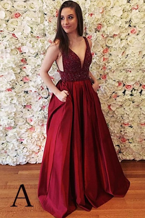 Burgundy Sleeveless V Back with Beads Cheap Long Prom Dress - Prom Dresses