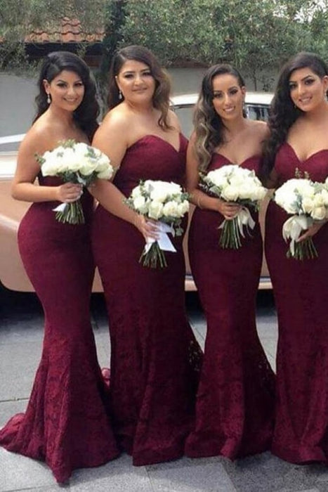 Burgundy Sweetheart Mermaid Sweep Train Bridesmaid Dress Strapless Long Lace Prom Dresses - Prom Dresses