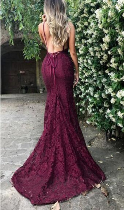 Burgundy Trumpet Spaghetti Straps V-neck Lace Sweep Train Mermaid Prom Dress - Prom Dresses