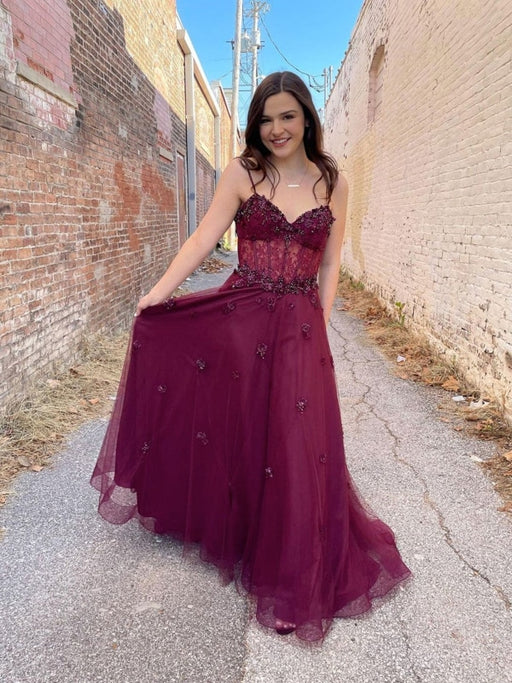 Burgundy Tulle A Line Lace Beaded Long Prom Dresses, Beaded Burgundy Formal Graduation Evening Dresses 