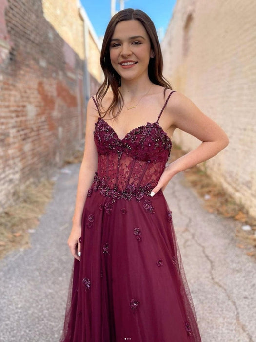 Burgundy Aline Lace Long Prom Dress, Burgundy Tulle Formal Graduation –  shopluu