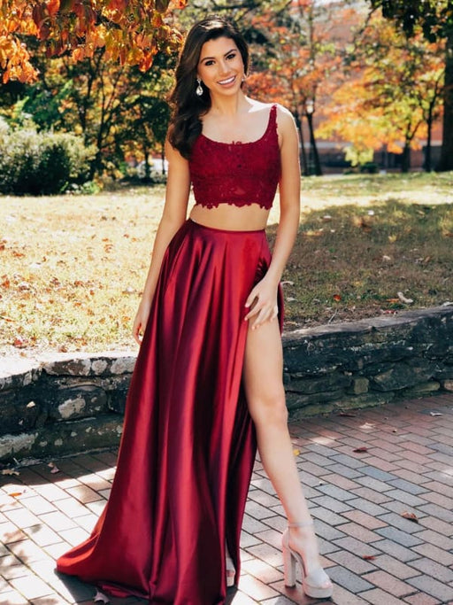 Burgundy Two Pieces Lace Satin Long Prom Dresses with High Split Two Bridelily