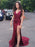 Burgundy V Neck Mermaid Long Prom Dresses with Slit, Mermaid Burgundy Formal Dresses, Burgundy Evening Dresses