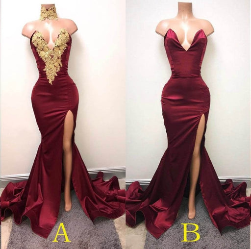 Burgundy V Neck Sleeveless Mermaid Prom with Gold Appliques Long Evening Dress - Prom Dresses