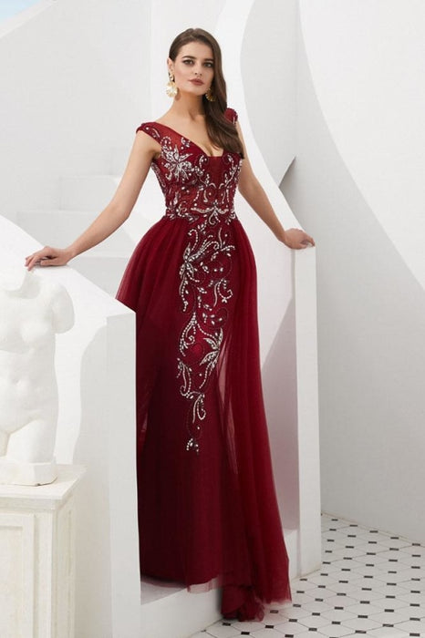 Burgundy V Neck Sleeveless Tulle Long Prom Dress with Beads Crystal - Prom Dresses