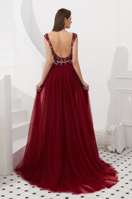 Burgundy V Neck Sleeveless Tulle Long Prom Dress with Beads Crystal - Prom Dresses