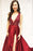 Burgundy V Neck Split Long Prom Dresses A Line Cheap Formal Dress with Slit - Prom Dresses