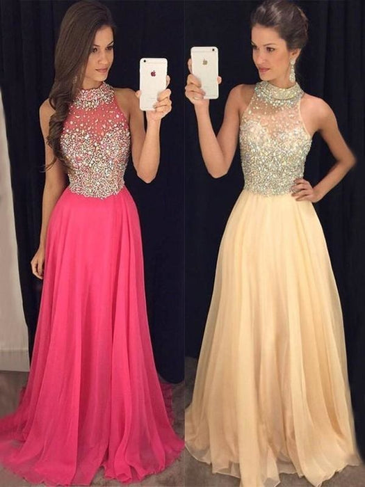 C| Bridelily A-Line Halter Sleeveless Floor-Length With Beading Chiffon Dresses - Prom Dresses