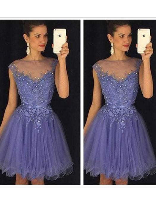 C| Bridelily A-Line Tulle Scoop Sleeveless Short/Mini With Applique Dresses - Prom Dresses