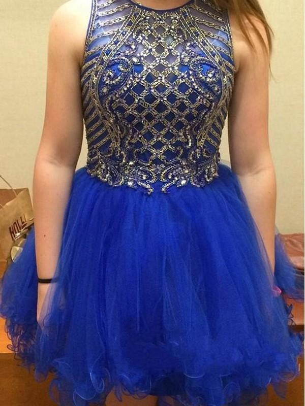 C| Bridelily A-Line Tulle Scoop Sleeveless Short/Mini With Beading Prom Dresses - Prom Dresses