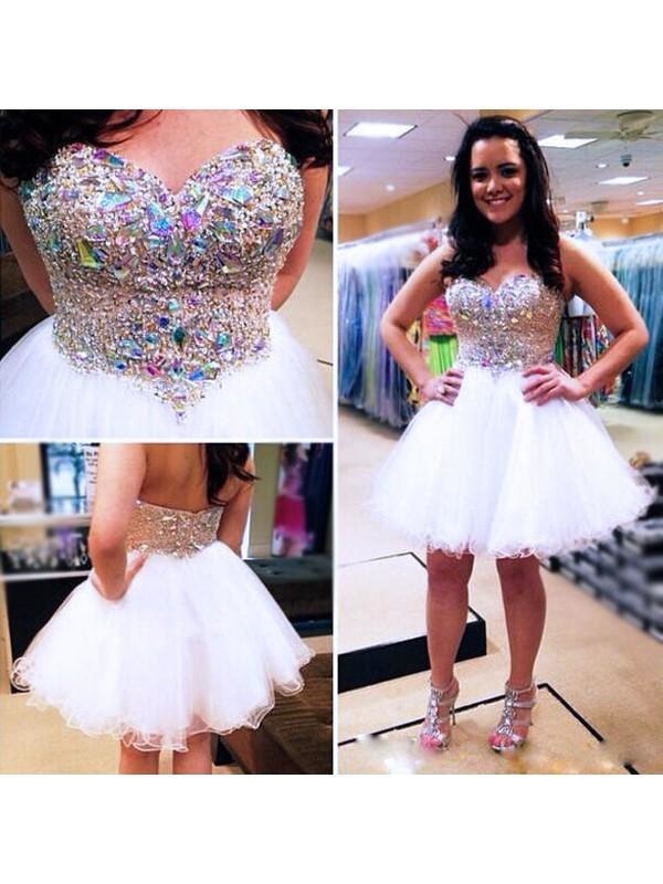 C| Bridelily A-Line Tulle Sweetheart Sleeveless Short/Mini With Beading Dresses - Prom Dresses