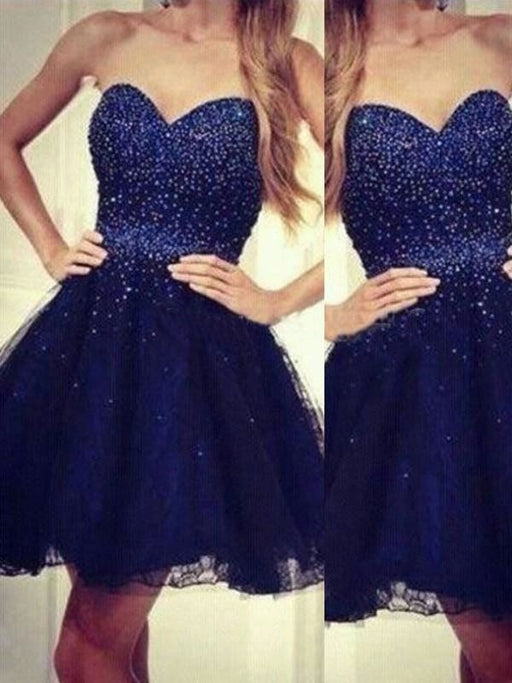 C| Bridelily A-Line Tulle Sweetheart Sleeveless Short/Mini With Beading Prom Dresses - Prom Dresses