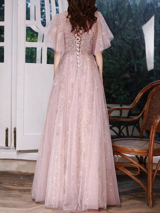 Cameo Brown Evening Dress A-Line Jewel Neck Half Sleeves Floor-Length Lace-up Formal Dinner Dresses