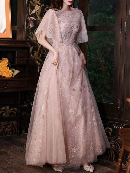 Cameo Brown Evening Dress A-Line Jewel Neck Half Sleeves Floor-Length Lace-up Formal Dinner Dresses