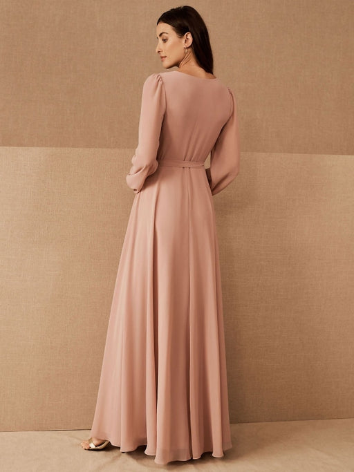 Cameo Brown Evening Dress A-Line V-Neck Long Sleeves Matte Satin Floor-Length Pleated Social Pageant Dresses