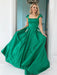 Cap Sleeves Green Satin Long Prom Dresses with Pocket, Green Formal Graduation Evening Dresses