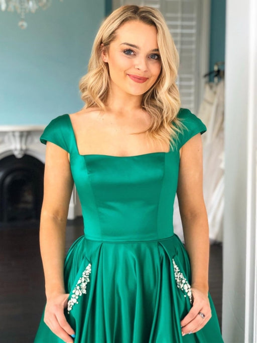 Cap Sleeves Green Satin Long Prom Dresses with Pocket, Green Formal Graduation Evening Dresses