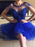 Cap Sleeves Round Neck Blue Beaded Prom Homecoming Dresses, Short Blue Formal Graduation Evening Dresses with Beadings 