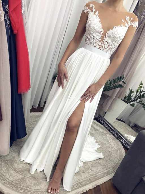 Cap Sleeves Round Neck White Lace Long Wedding Dresses, Cap Sleeves White Lace Formal Evening Prom Dresses