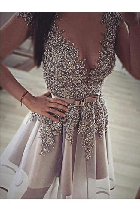 Cap Sleeves Sheer Neck Beading Homecoming Short Prom Dress - Prom Dresses