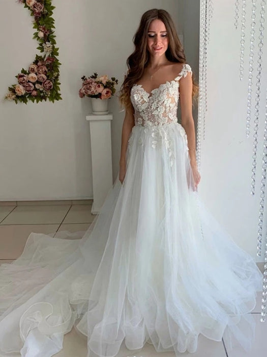 Cap Sleeves White Lace Long Wedding Dresses Prom Dresses, White Lace Formal Dresses, White Evening Dresses