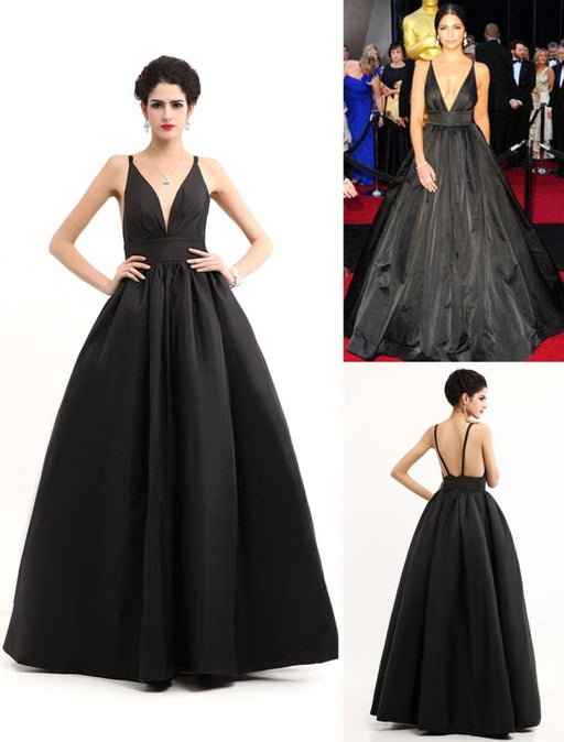 Celebrity Dresses Black Oscar Evening Dress Straps Backless Deep V Taffeta Dress