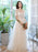 Champagne Evening Dress A-Line Square Neck Lace Half Sleeves Applique Floor-Length Social Pageant Dresses