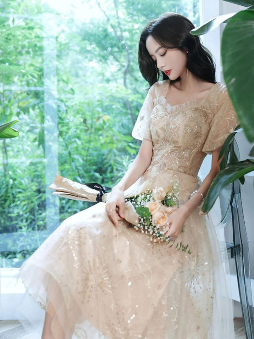 Champagne Evening Dress A-Line Sweetheart Neck Lace Half Sleeves Appli —  Bridelily