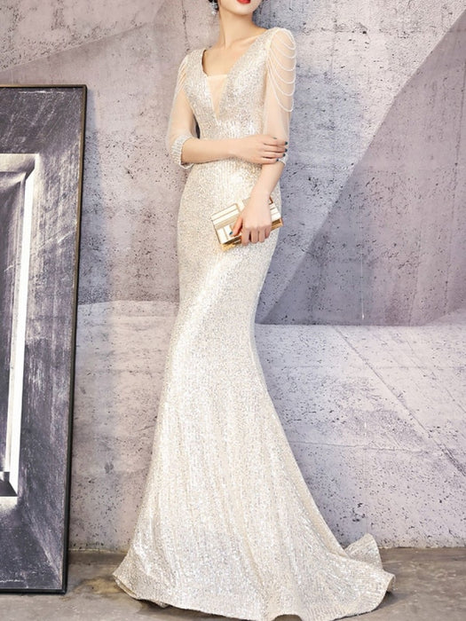Champagne Evening Dress Mermaid V-Neck Sequined With Train Sequins Formal Party Dresses