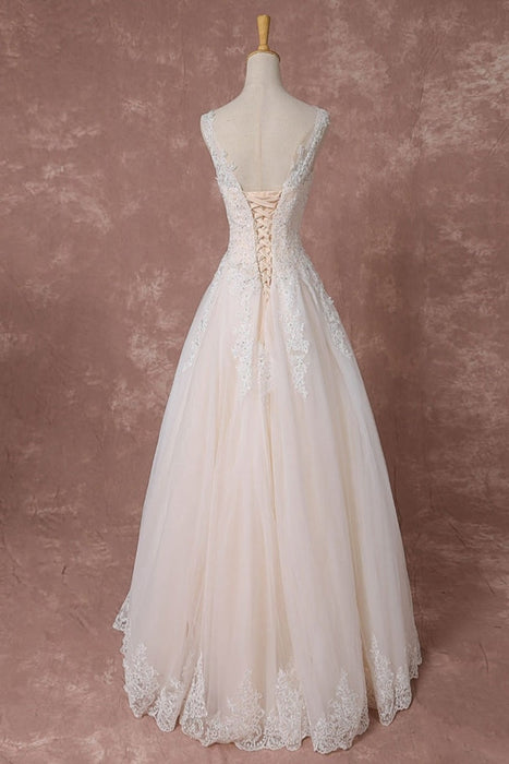 Champagne Lace Wedding Dress Backless Bridal Gown Floor-length A-line Beading Luxury Bridal Dress