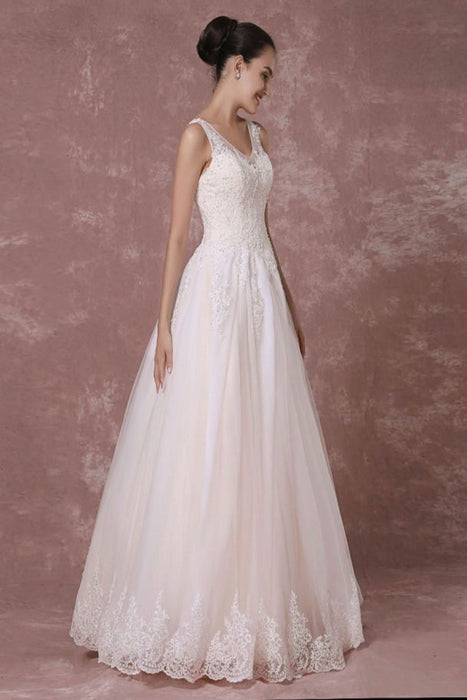 Champagne Lace Wedding Dress Backless Bridal Gown Floor-length A-line Beading Luxury Bridal Dress