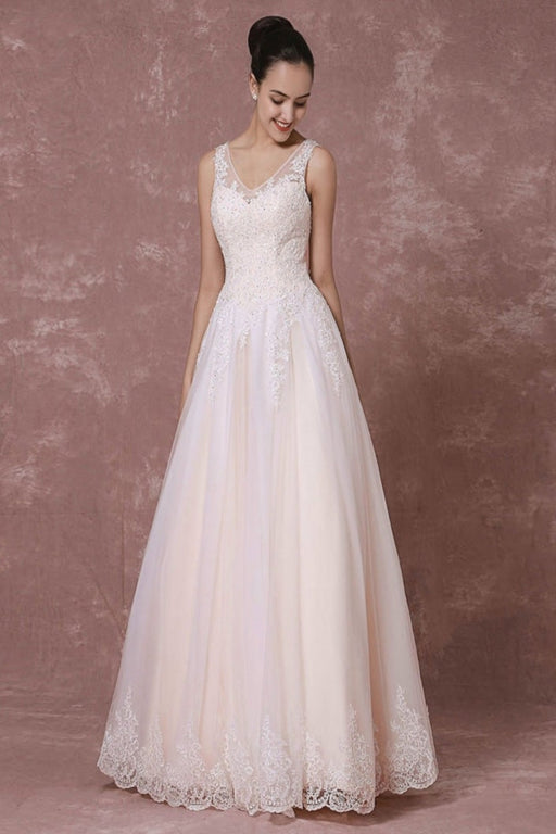 Champagne Lace Wedding Dress Backless Bridal Gown Floor-length A-line Beading Luxury Bridal Dress