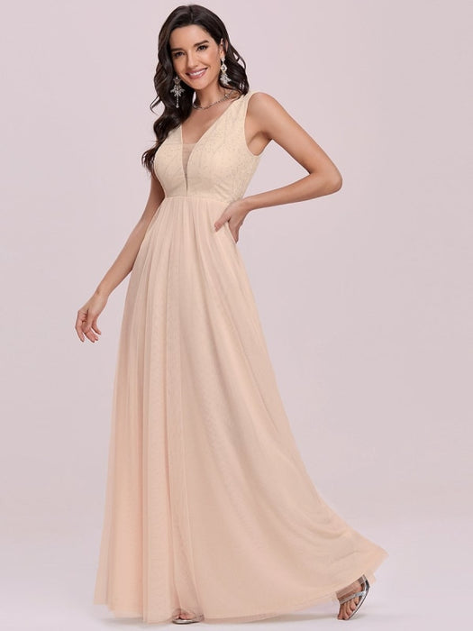 Champagne Prom Dress A-Line V-Neck Sleeveless Floor-Length Tulle Pageant Dresses Evening Dress